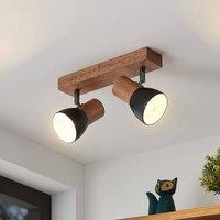 Lindby Tonja ceiling spotlight with wood, two-bulb