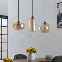 Lucande Wilja pendant light, amber, glass, 111 cm, 3-bulb, E27
