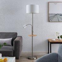 Lindby Aovan floor lamp, nickel-coloured, shelf, USB connection
