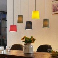 Lindby Amilia hanging light, fabric, 5-bulb, red/grey/yellow, E27