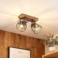 Lindby downlight Rutger, 36cm, 2-bulb, wood, cage, E14