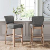 Set of 2 Linen Upholstered Bar Stools with Natural Wood Legs