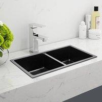 Quartz Undermount Kitchen Sink Double Bowl Black/Grey