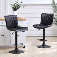 Set of 2 Bar Stools with Black Leather Swivel Adjustable Height
