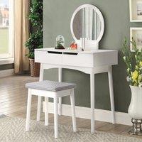 Luxurious White Vanity Table with Drawer Storage, Checkered Stool, and Round Mirror