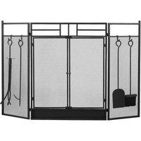 Smallbee Iron Fireplace Screen with 4-Piece Tool Set - Black Powder-Coated 122x1.3x80cm