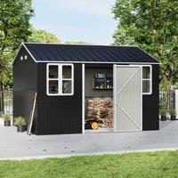 12x10ft / 10x12ft / 10x16ft Charcoal Black Galvanized Steel Storage Shed with Double Lockable Doors & Grid Windows