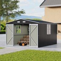 12x10ft / 10x12ft / 10x16ft Charcoal Black Galvanized Steel Storage Shed with Double Lockable Doors & Grid Windows