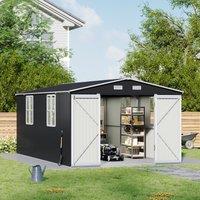 12x10ft / 10x12ft / 10x16ft Charcoal Black Galvanized Steel Storage Shed with Double Lockable Doors & Grid Windows