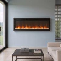 40/50/60inch Black Wall Mounted & Recessed Electric Fireplace with Adjustable Flame & Brightness