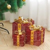 3pcs Christmas Gift Box Accessories Set with Light Strips-Red Box