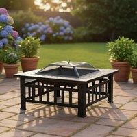 80cm Portable Square Fire Pit & BBQ Grill | Garden Fire Bowl for Camping & Patio
