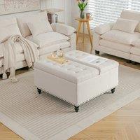 Large Square Storage Ottoman with Tufted Upholstery and Solid Wood Legs