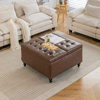 Large Square Storage Ottoman with Tufted Upholstery and Solid Wood Legs
