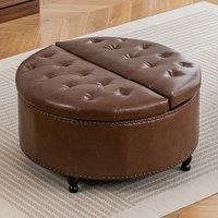 Round PU Leather Storage Ottoman with Tufted Top and Solid Wood Legs