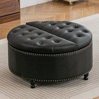 Round PU Leather Storage Ottoman with Tufted Top and Solid Wood Legs
