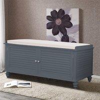 Painted Storage Bench Cabinet with Faux Louvered Doors and Cushioned Seat