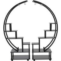 Half-Circle 2-Piece Multi-Tier Plant Stand Set Black Frame Black Shelves with Wheels
