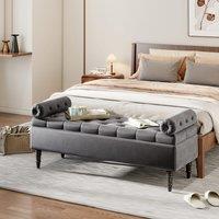 Grey Velvet Storage Bench with Tufted Top, Dual Pillows