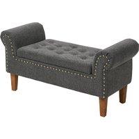 Grey Linen Storage Bench with Tufted Top, Walnut Legs & Gold Studs
