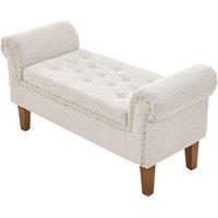 Grey Linen Storage Bench with Tufted Top, Walnut Legs & Gold Studs