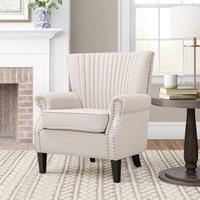 Accent Chair Beige Linen Black Rubber Wood Legs Spring Cushion