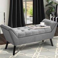Mid-Century Modern Tufted Bench Grey Velvet with Black Wooden Legs