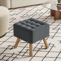Square Tufted Shoe Stool Linen Fabric with Oak Legs