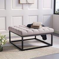 Large Square Ottoman Bench Linen Fabric with Tufted Detail & Metal Frame