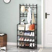 Modern 4-Tier Coat and Shoe Rack with Hooks - Black