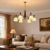 6-Light Yellow Fabric Chandelier | Adjustable E27 Ceiling Lamp