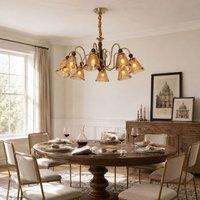 8-Light Walnut Vintage Cut Glass Chandelier | Wood and Iron Ceiling Lamp