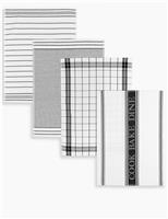 M&S Set of 4 Assorted Design Tea Towels Black