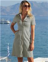 SOSANDAR Denim Zip Up Knee Length Swing Dress Sage Green