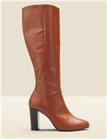 Leather Block Heel Knee High Boots