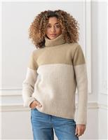 Pure Wool Colour Block Roll Neck Jumper