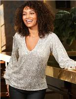Sequin V-Neck Blouson Sleeve Blouse