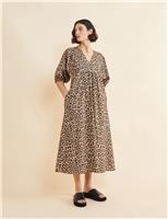 Albaray Cotton Animal Print V-Neck Dress Brown Mix