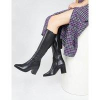 Slim Calf Leather Block Heel Pointed Knee High Boots