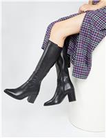 Wide Calf Leather Block Heel Knee High Boots