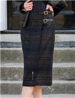 Celtic & Co. Pure Wool Checked Midi Pencil Skirt Navy