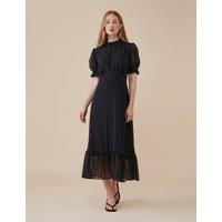 Finery London Polka Dot High Neck Midi Waisted Dress Black Mix