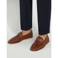 Dune London Leather Woven Flat Loafers Tan