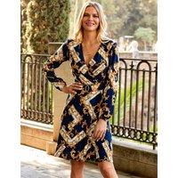 Baroque Print Belted Fit and Flare Dress