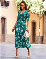 SOSANDAR Floral V-Neck Ruched Midi Skater Dress Green Mix