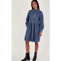 Denim Zip Neck Knee Length Shirt Dress