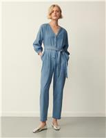 Finery London Denim Belted 3/4 Sleeve Jumpsuit Blue Denim