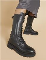 Leather Biker Lace Up Block Heel Boots