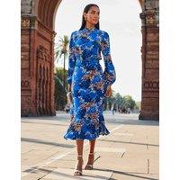 Printed High Neck Belted Midi Waisted Dress