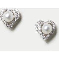 Platinum Plated Heart and Pearl Detail Earrings